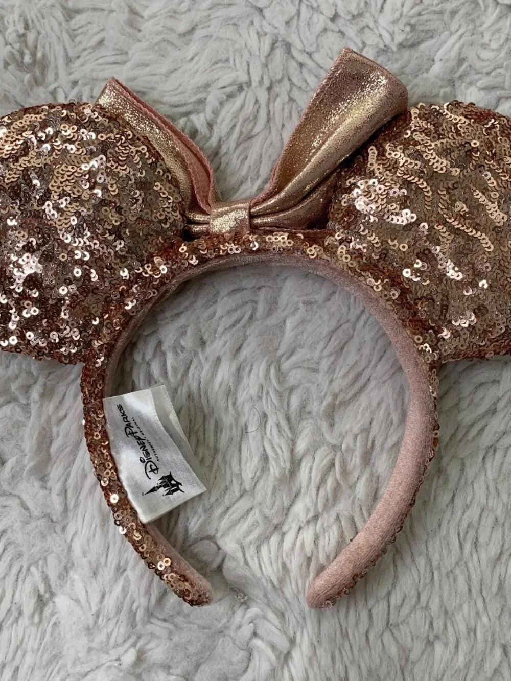 Tokyo Disney Resort Minnie Mouse Headband Sequin Spangle Rose Pink Gold Ears